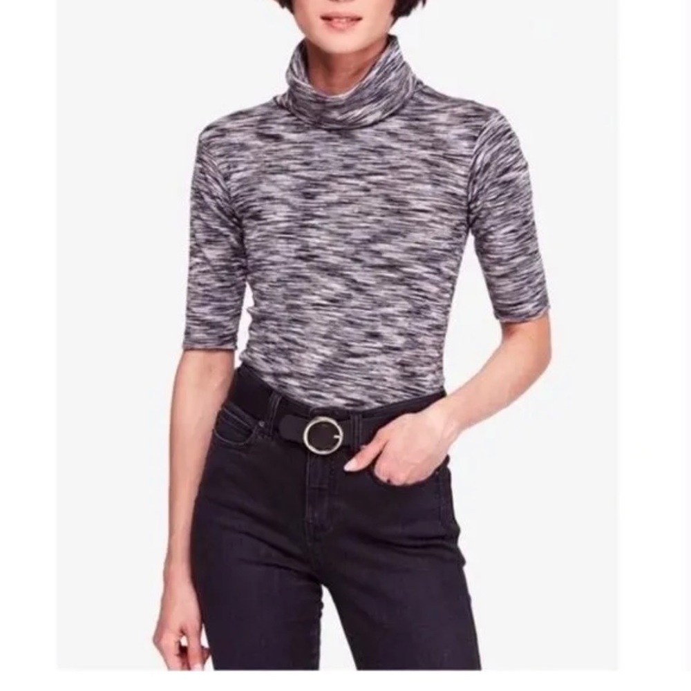 Free People Sunshine Space‎ Dye Elbow Sleeve Turtleneck Top - Black/White XS